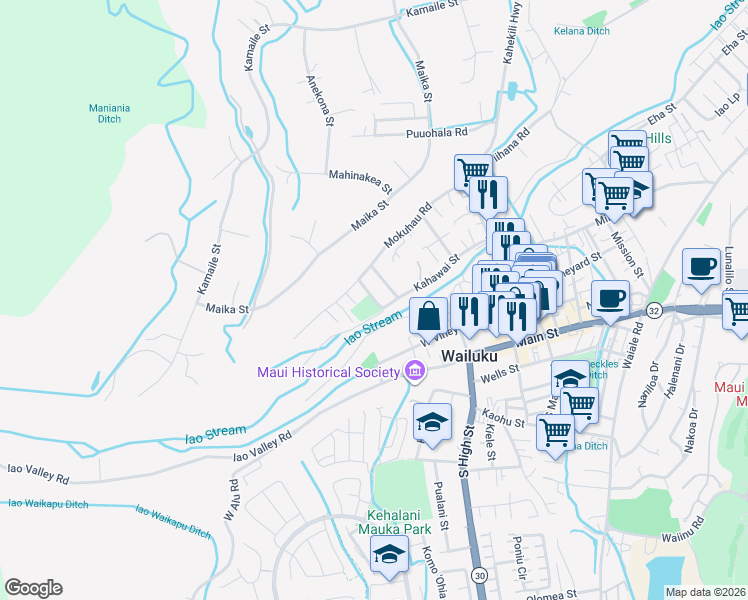 map of restaurants, bars, coffee shops, grocery stores, and more near Nenea Street in Wailuku