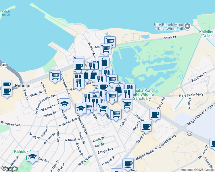 map of restaurants, bars, coffee shops, grocery stores, and more near 173 Alamaha Street in Kahului