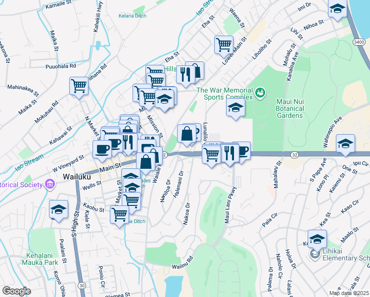 map of restaurants, bars, coffee shops, grocery stores, and more near 1771 Analani Street in Wailuku