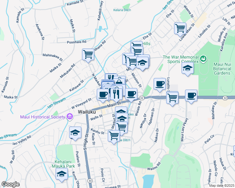 map of restaurants, bars, coffee shops, grocery stores, and more near 93 Maluhia Drive in Wailuku