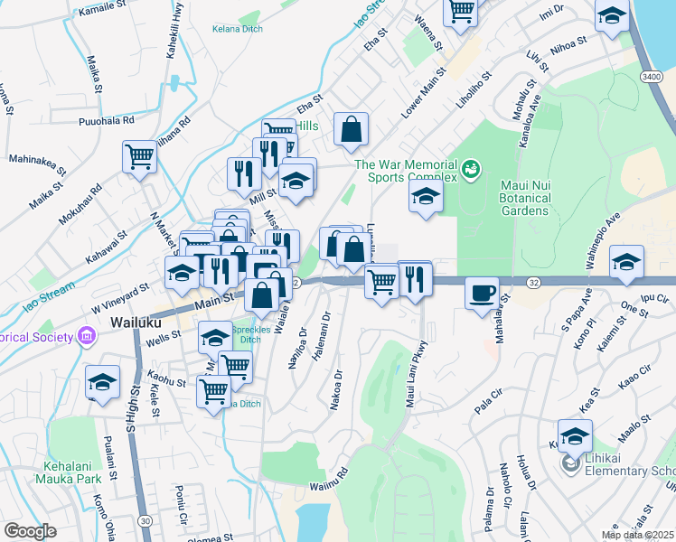 map of restaurants, bars, coffee shops, grocery stores, and more near 1750 West Kaahumanu Avenue in Wailuku