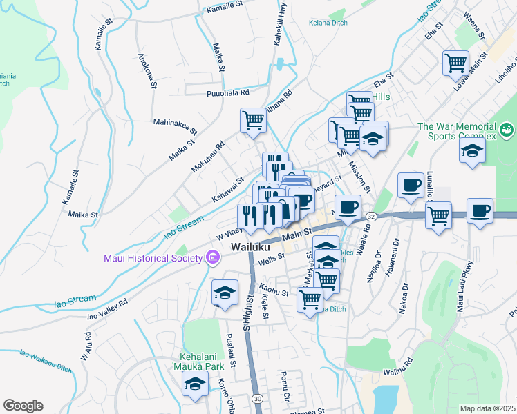 map of restaurants, bars, coffee shops, grocery stores, and more near 2122 West Vineyard Street in Wailuku