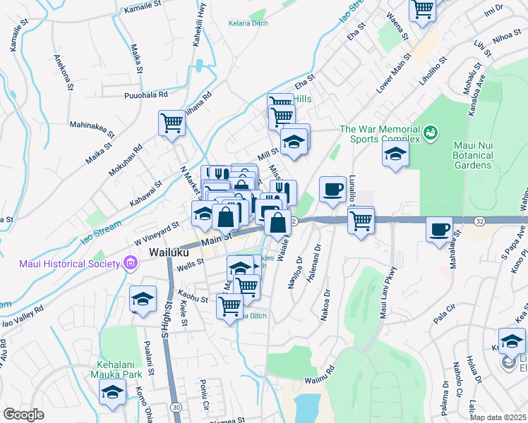 map of restaurants, bars, coffee shops, grocery stores, and more near 1836 Nani Street in Wailuku