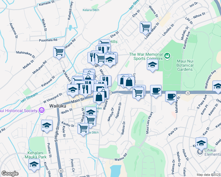 map of restaurants, bars, coffee shops, grocery stores, and more near 1683 Nani Street in Wailuku