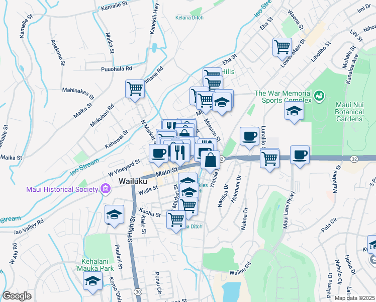 map of restaurants, bars, coffee shops, grocery stores, and more near in Wailuku