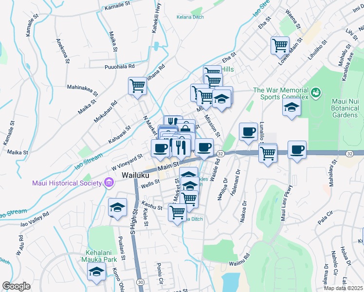 map of restaurants, bars, coffee shops, grocery stores, and more near 93 Maluhia Drive in Wailuku