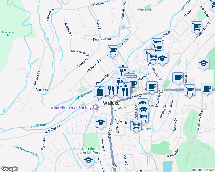map of restaurants, bars, coffee shops, grocery stores, and more near 2235 Holowai Place in Wailuku