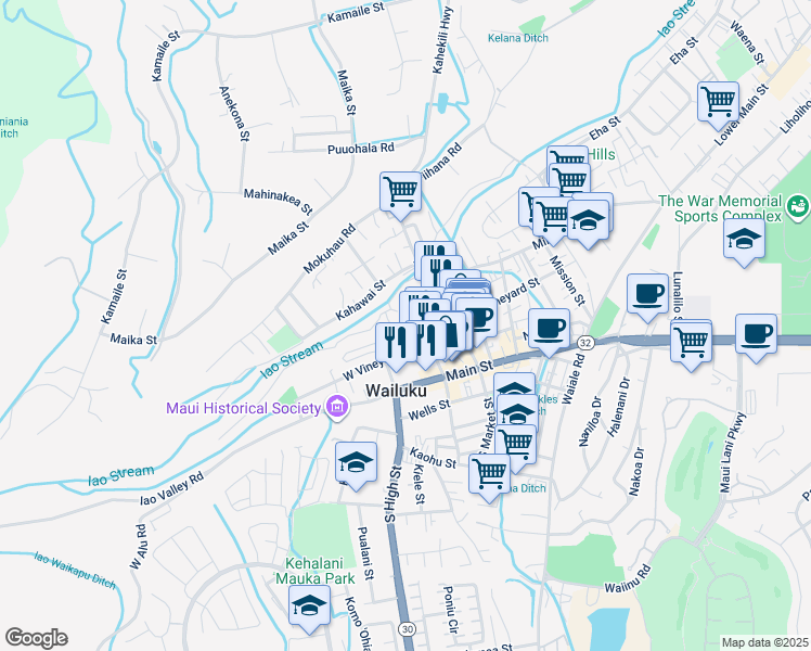 map of restaurants, bars, coffee shops, grocery stores, and more near 2122 West Vineyard Street in Wailuku