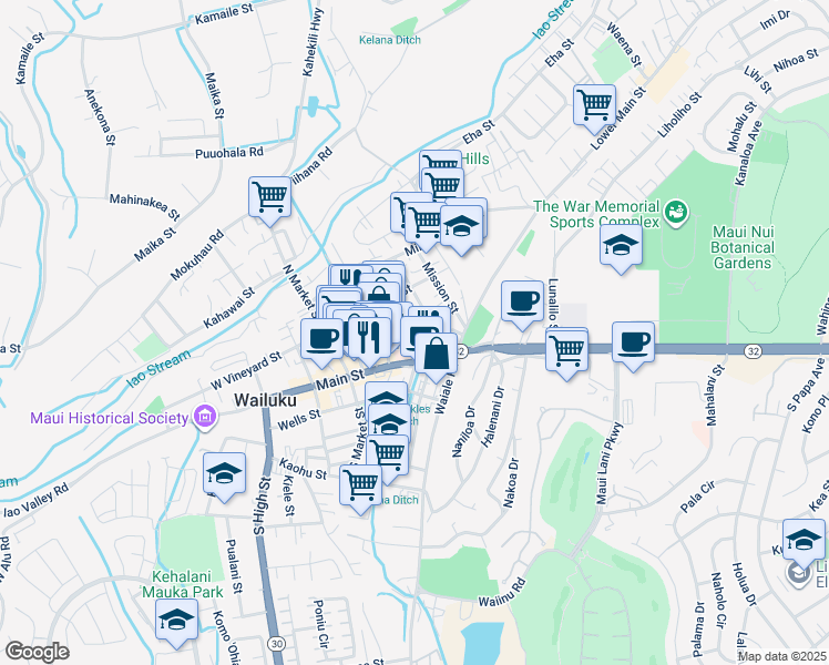 map of restaurants, bars, coffee shops, grocery stores, and more near 1836 Nani Street in Wailuku