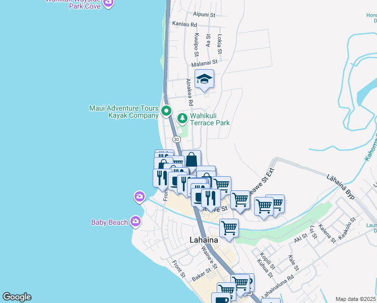 map of restaurants, bars, coffee shops, grocery stores, and more near 116 Hiki Place in Lahaina