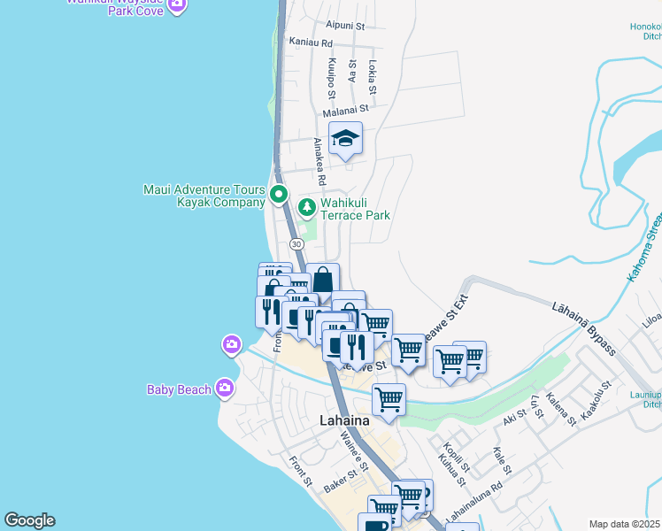 map of restaurants, bars, coffee shops, grocery stores, and more near 1281 A Ainakea Road in Lahaina