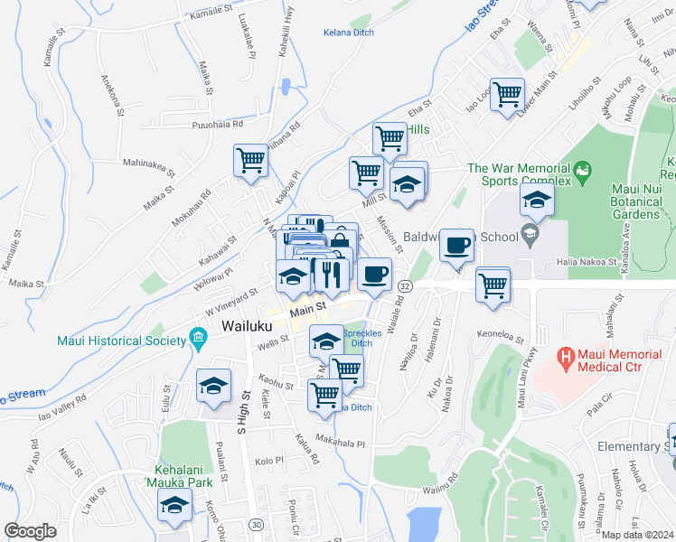 map of restaurants, bars, coffee shops, grocery stores, and more near 53 Central Avenue in Wailuku