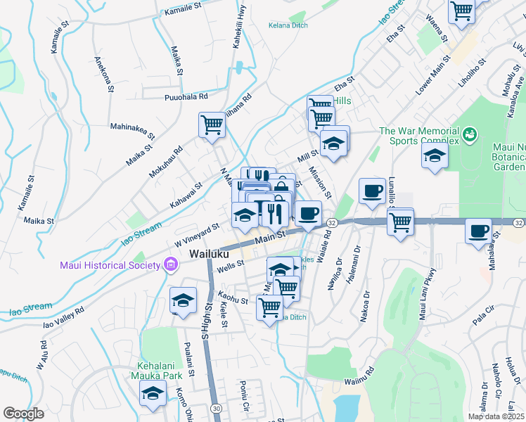 map of restaurants, bars, coffee shops, grocery stores, and more near 93 Maluhia Drive in Wailuku