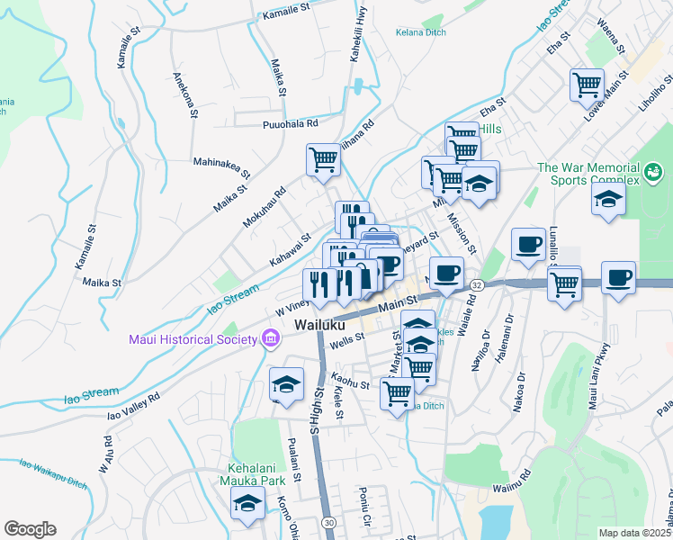 map of restaurants, bars, coffee shops, grocery stores, and more near 2122 West Vineyard Street in Wailuku