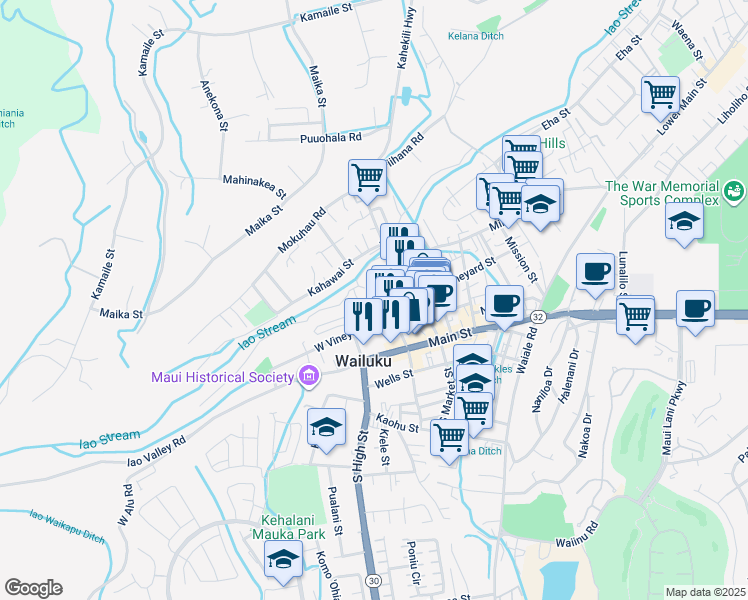 map of restaurants, bars, coffee shops, grocery stores, and more near 2122 West Vineyard Street in Wailuku