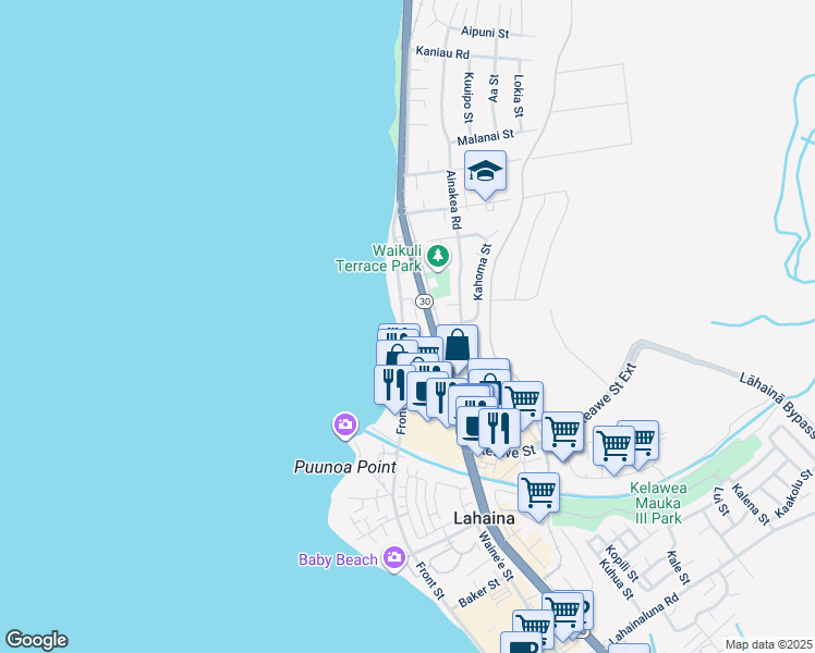 map of restaurants, bars, coffee shops, grocery stores, and more near 26 Huea Street in Lahaina