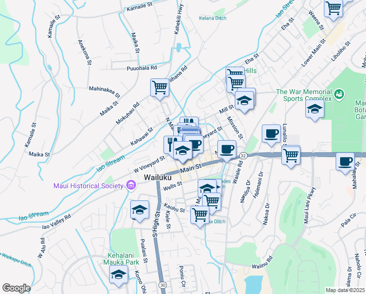 map of restaurants, bars, coffee shops, grocery stores, and more near 51 North Market Street in Wailuku