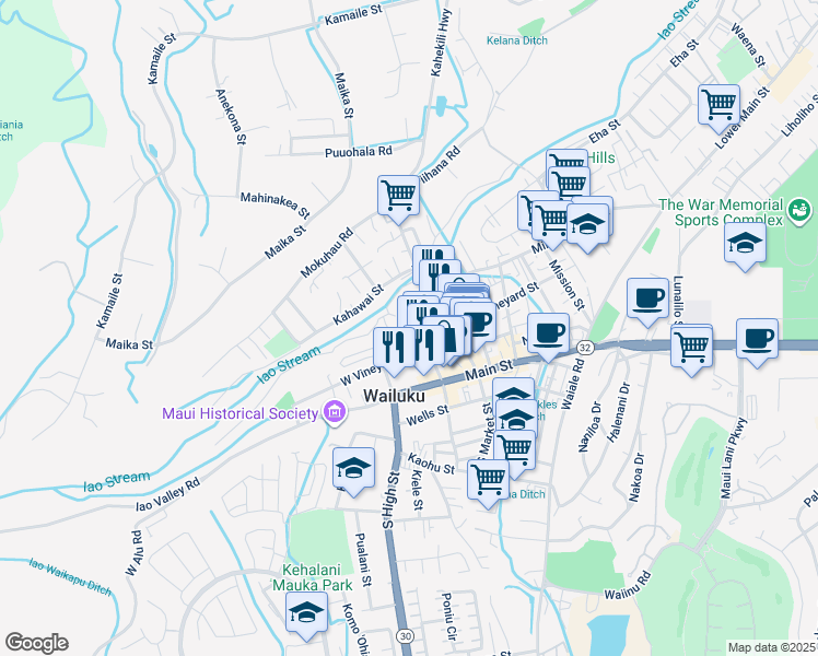 map of restaurants, bars, coffee shops, grocery stores, and more near 2122 West Vineyard Street in Wailuku