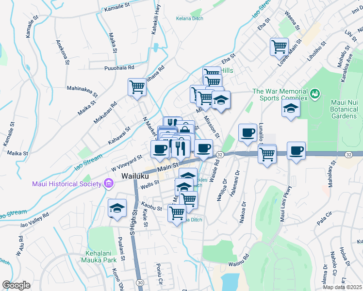 map of restaurants, bars, coffee shops, grocery stores, and more near 93 Maluhia Drive in Wailuku