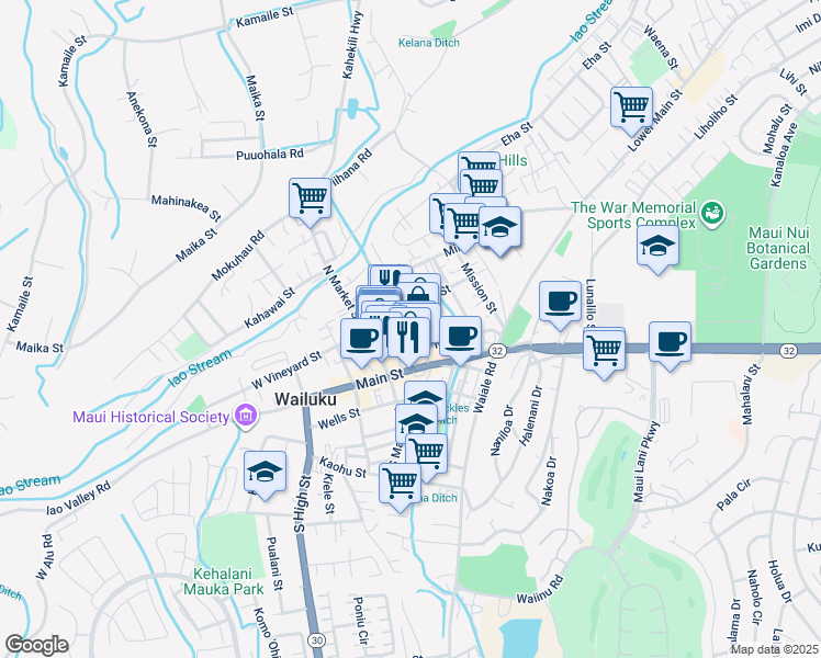 map of restaurants, bars, coffee shops, grocery stores, and more near 93 Maluhia Drive in Wailuku