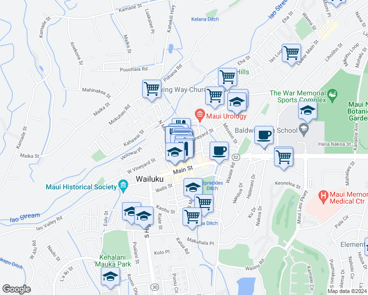 map of restaurants, bars, coffee shops, grocery stores, and more near 1975 East Vineyard Street in Wailuku