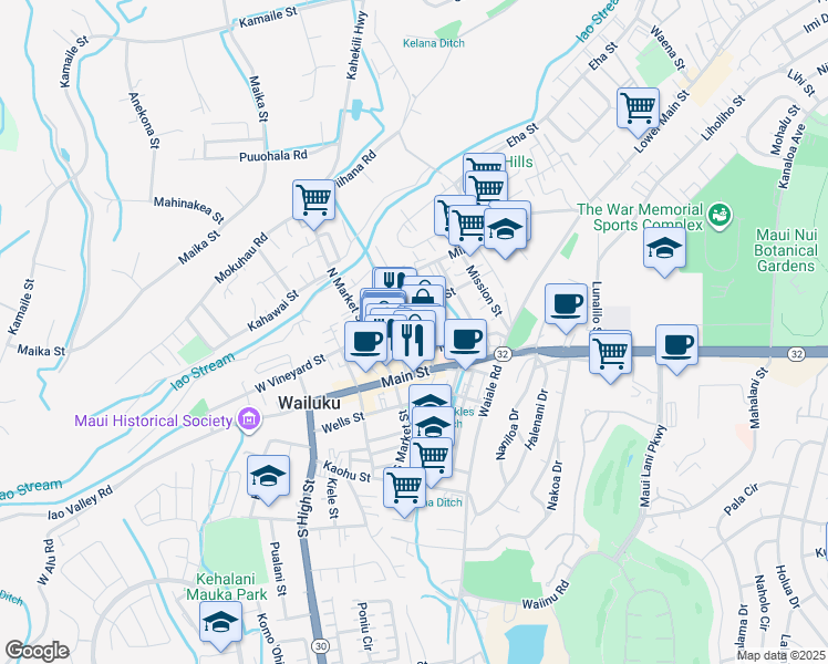 map of restaurants, bars, coffee shops, grocery stores, and more near 93 Maluhia Drive in Wailuku