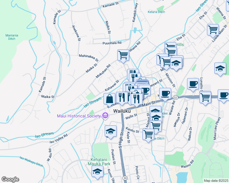 map of restaurants, bars, coffee shops, grocery stores, and more near 2201 Holowai Place in Wailuku