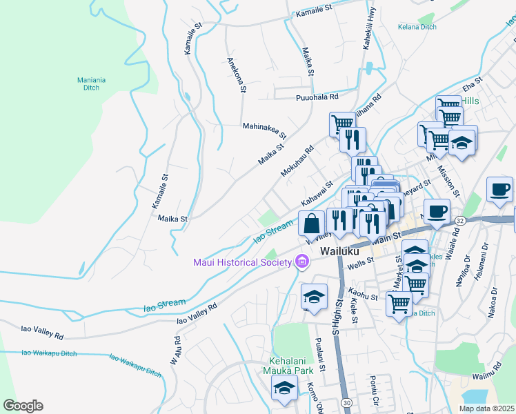 map of restaurants, bars, coffee shops, grocery stores, and more near 2227 Mokuhau Road in Wailuku