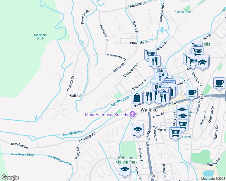 map of restaurants, bars, coffee shops, grocery stores, and more near 2227 Mokuhau Road in Wailuku