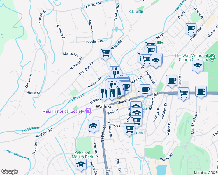 map of restaurants, bars, coffee shops, grocery stores, and more near 2122 West Vineyard Street in Wailuku