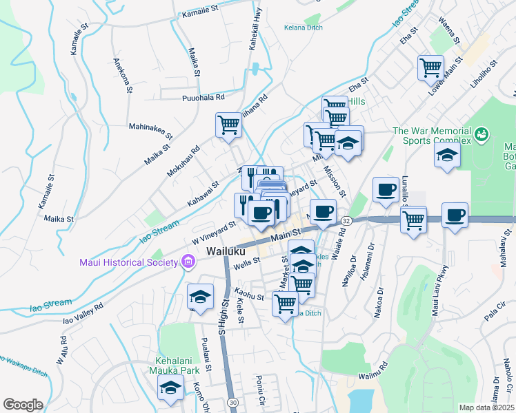 map of restaurants, bars, coffee shops, grocery stores, and more near 51 North Market Street in Wailuku
