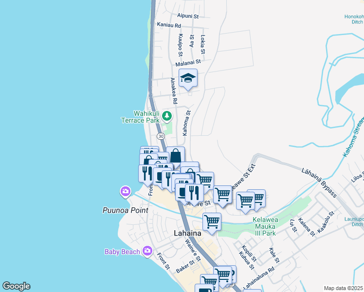 map of restaurants, bars, coffee shops, grocery stores, and more near 1298 Kahoma Street in Lahaina
