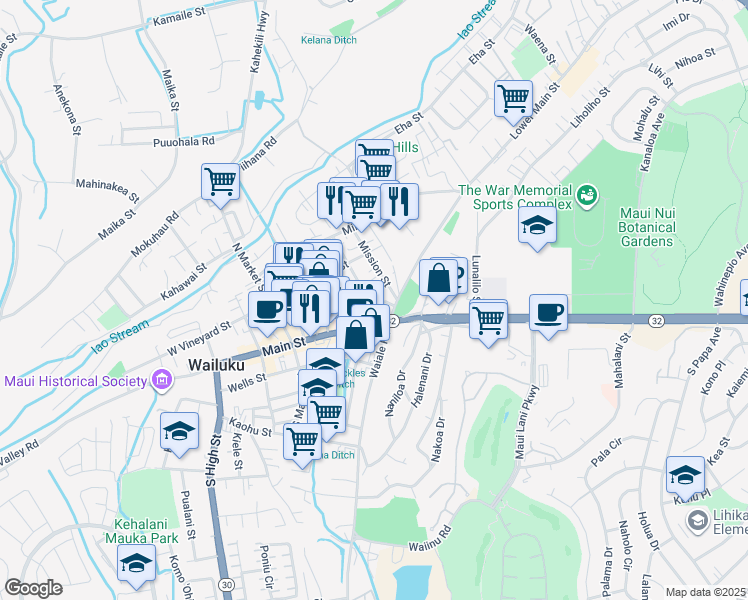 map of restaurants, bars, coffee shops, grocery stores, and more near 28 Kaniela Street in Wailuku