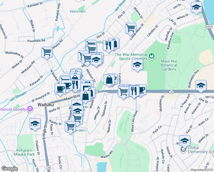 map of restaurants, bars, coffee shops, grocery stores, and more near 1770 Analani Street in Wailuku
