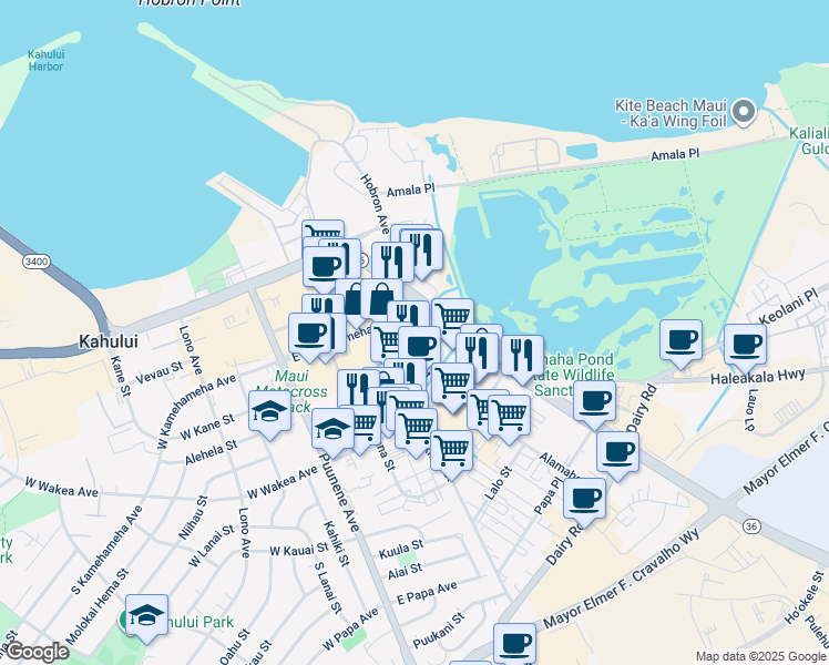 map of restaurants, bars, coffee shops, grocery stores, and more near 150 Hana Highway in Kahului