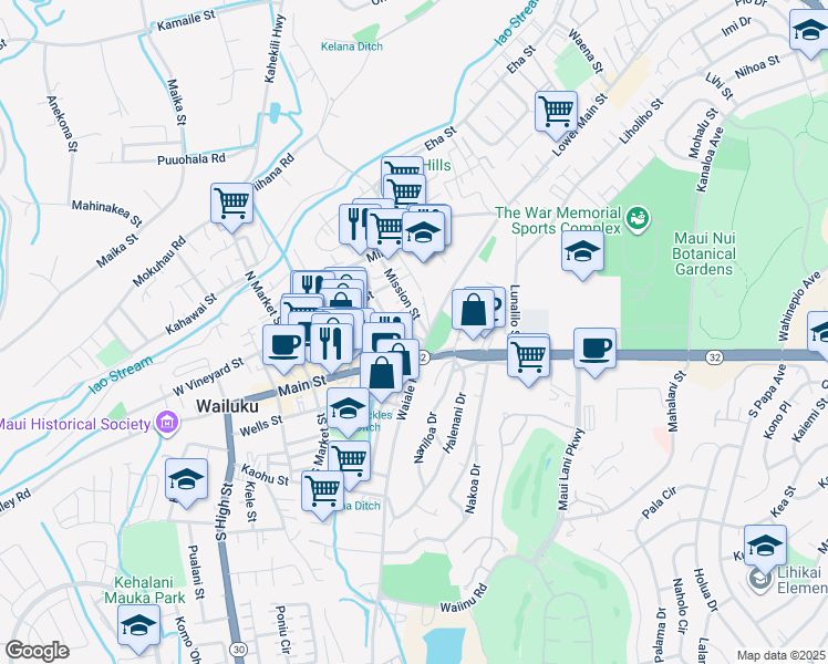 map of restaurants, bars, coffee shops, grocery stores, and more near 1764 Nani Street in Wailuku