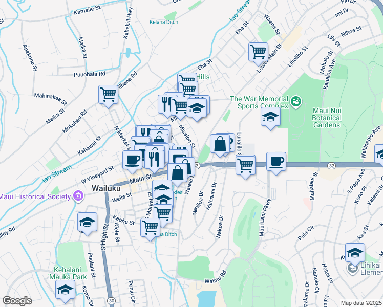 map of restaurants, bars, coffee shops, grocery stores, and more near 1764 Nani Street in Wailuku