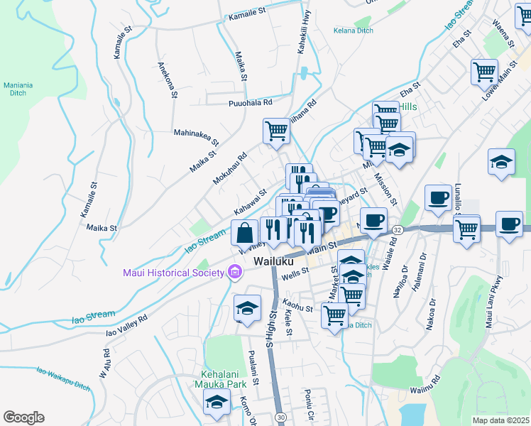 map of restaurants, bars, coffee shops, grocery stores, and more near 2235 Holowai Place in Wailuku