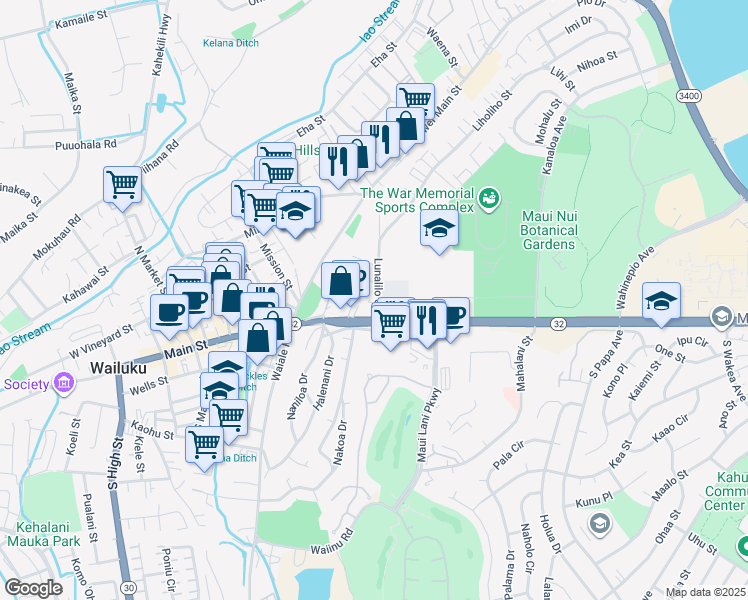 map of restaurants, bars, coffee shops, grocery stores, and more near 15 Lunalilo Street in Wailuku