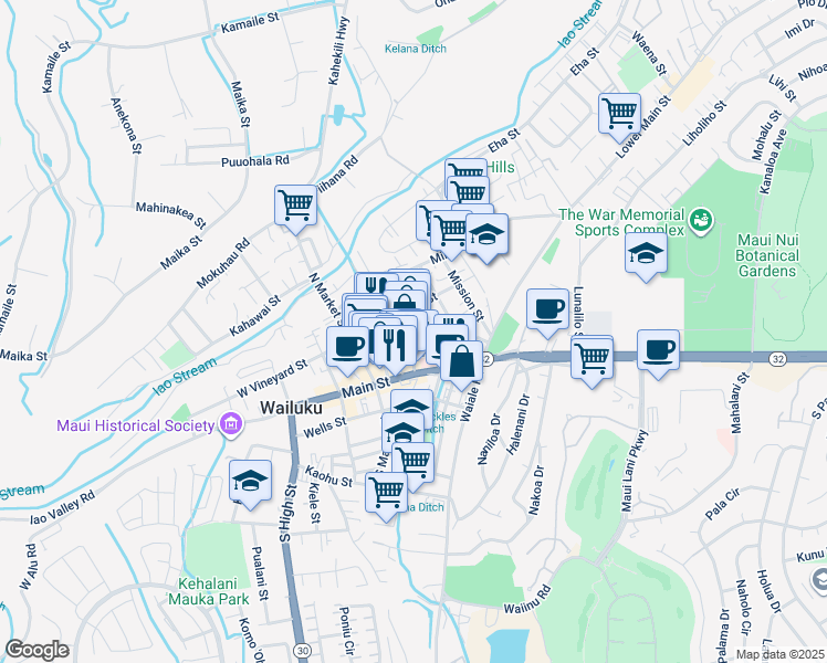 map of restaurants, bars, coffee shops, grocery stores, and more near 1886 Loke Street in Wailuku