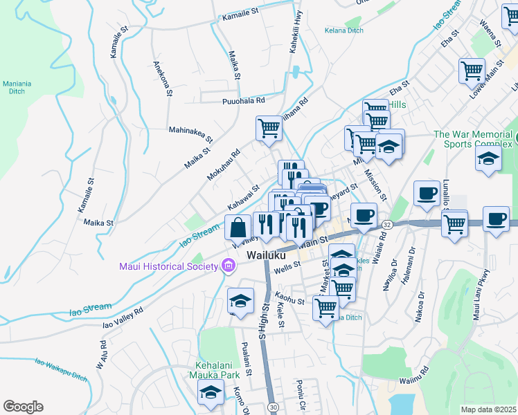 map of restaurants, bars, coffee shops, grocery stores, and more near 2153D Holowai Place in Wailuku
