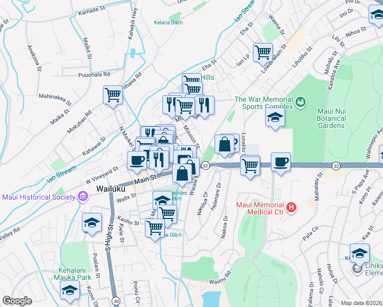 map of restaurants, bars, coffee shops, grocery stores, and more near 1792 Main Street in Wailuku