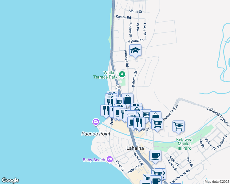 map of restaurants, bars, coffee shops, grocery stores, and more near 26 Huea Street in Lahaina