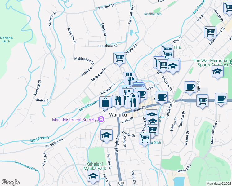 map of restaurants, bars, coffee shops, grocery stores, and more near 2149C Holowai Place in Wailuku