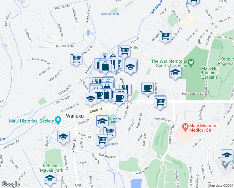 map of restaurants, bars, coffee shops, grocery stores, and more near 1841 Loke Street in Wailuku