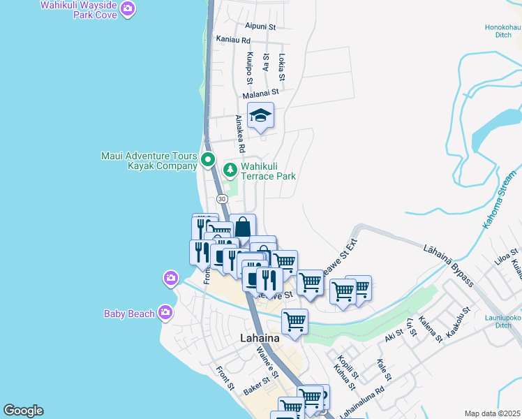 map of restaurants, bars, coffee shops, grocery stores, and more near 1304 Kahoma Street in Lahaina