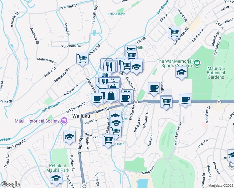map of restaurants, bars, coffee shops, grocery stores, and more near 1878 Loke Street in Wailuku