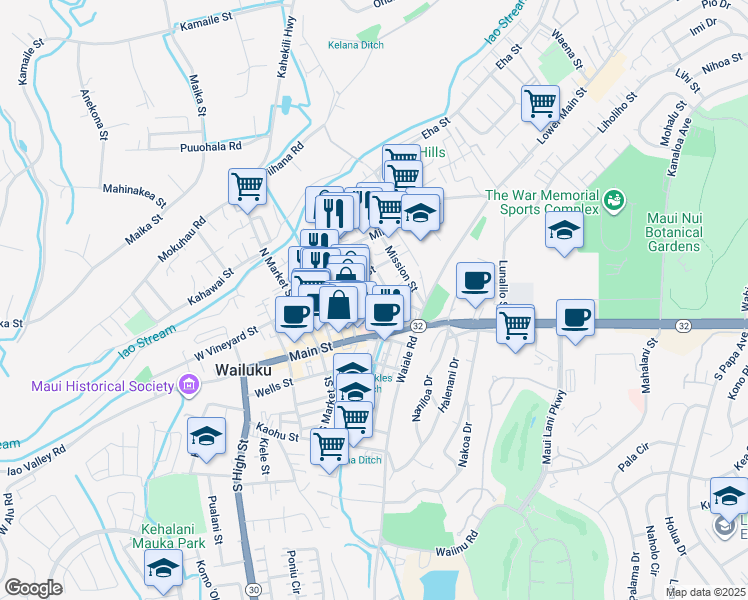 map of restaurants, bars, coffee shops, grocery stores, and more near 66 Wailani Street in Wailuku