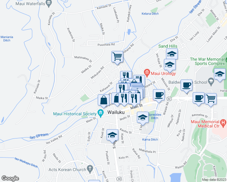 map of restaurants, bars, coffee shops, grocery stores, and more near 2149C Holowai Place in Wailuku