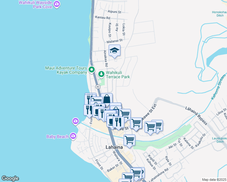 map of restaurants, bars, coffee shops, grocery stores, and more near 1304 Kahoma Street in Lahaina